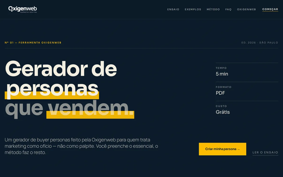 Gerador de Personas: as 7 Melhores Ferramentas para Criar Buyer Personas (Grátis e com IA) 1 Tela inicial do O2 Persona, gerador de personas com IA gratuito da Oxigenweb